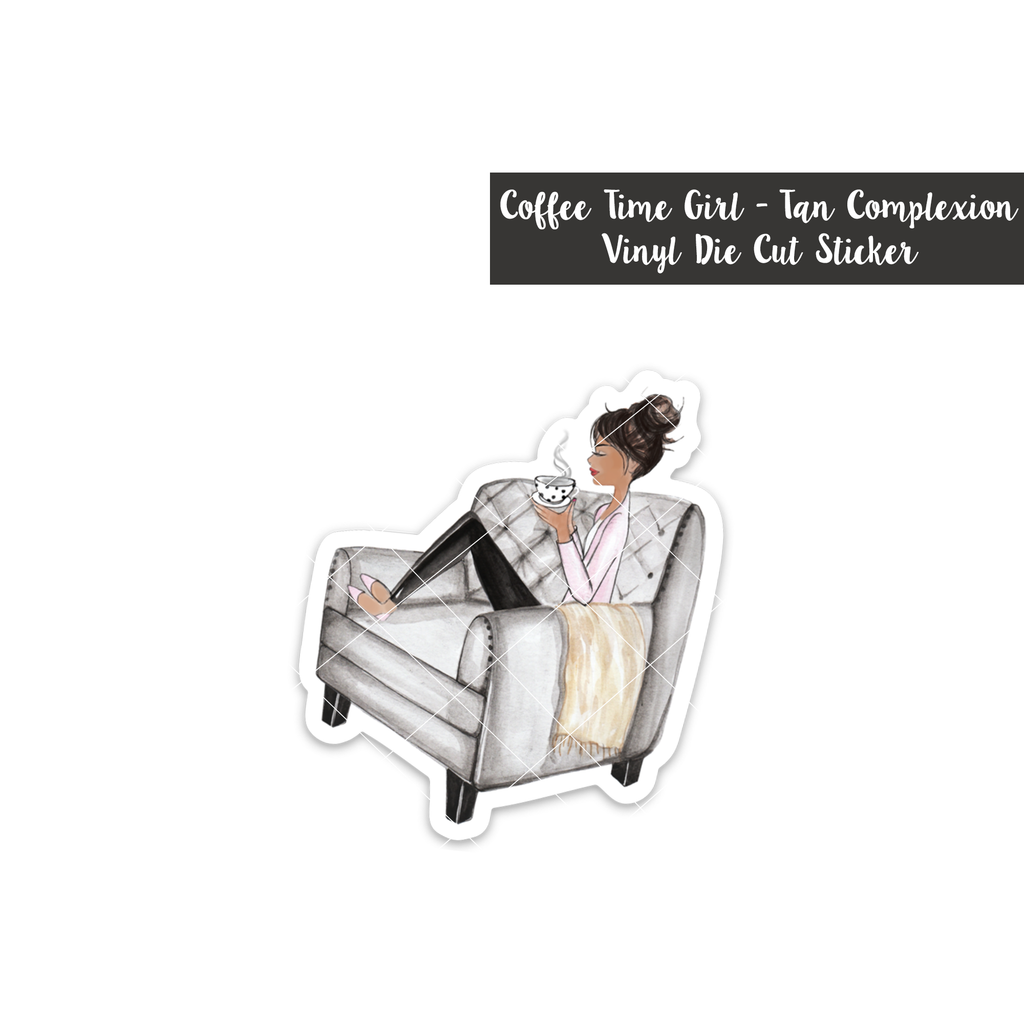 _Coffee Time Girl: Tan Complexion - Vinyl Die Cut Sticker (LIMITED)